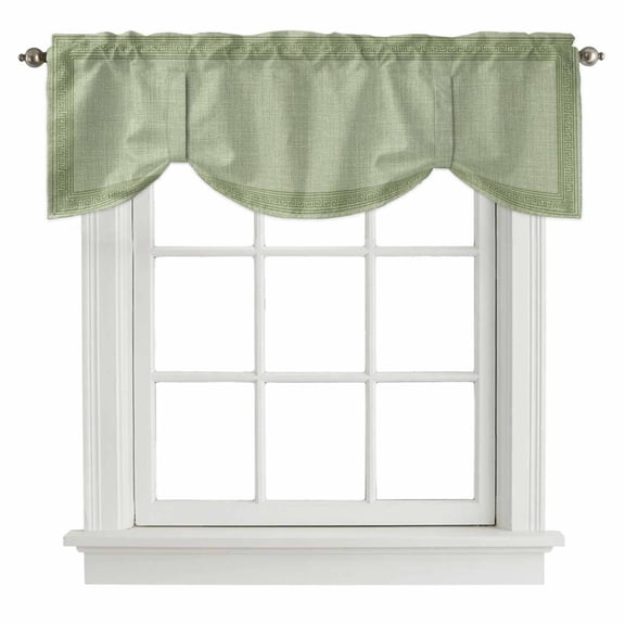 Cameo Green Retro Greek Key Tie Up Valance Curtains for Windows, Kitchen Curtains Window Treatments, Geometric Greece Ancient Rustic Short Window Shades Valances for Bedroom Bathroom Cafe 54"x18"
