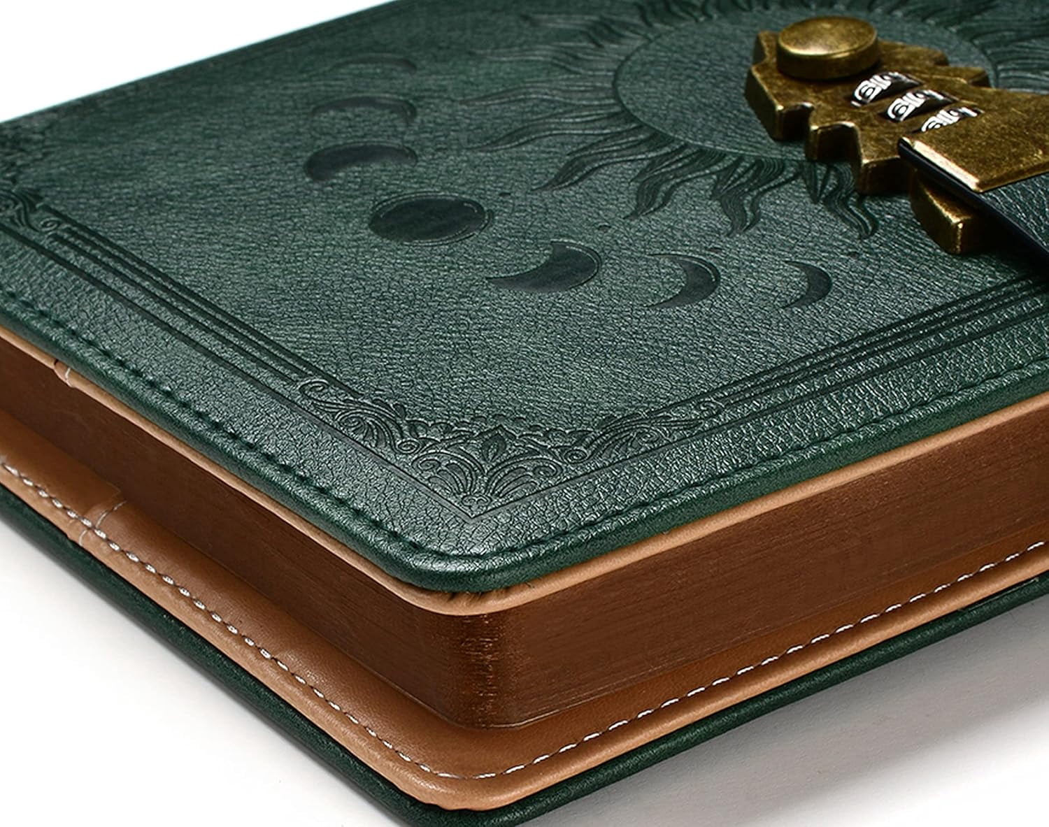 Lock Journal with Pen A5 240 Pages Diary Lock Brown Edge Refillable Leather Hardcover (8.5 × 5.9inch) Dark Green