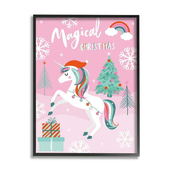 Magical Christmas Pink Unicorn Holiday Graphic Art Black Framed Art Print Wall Art