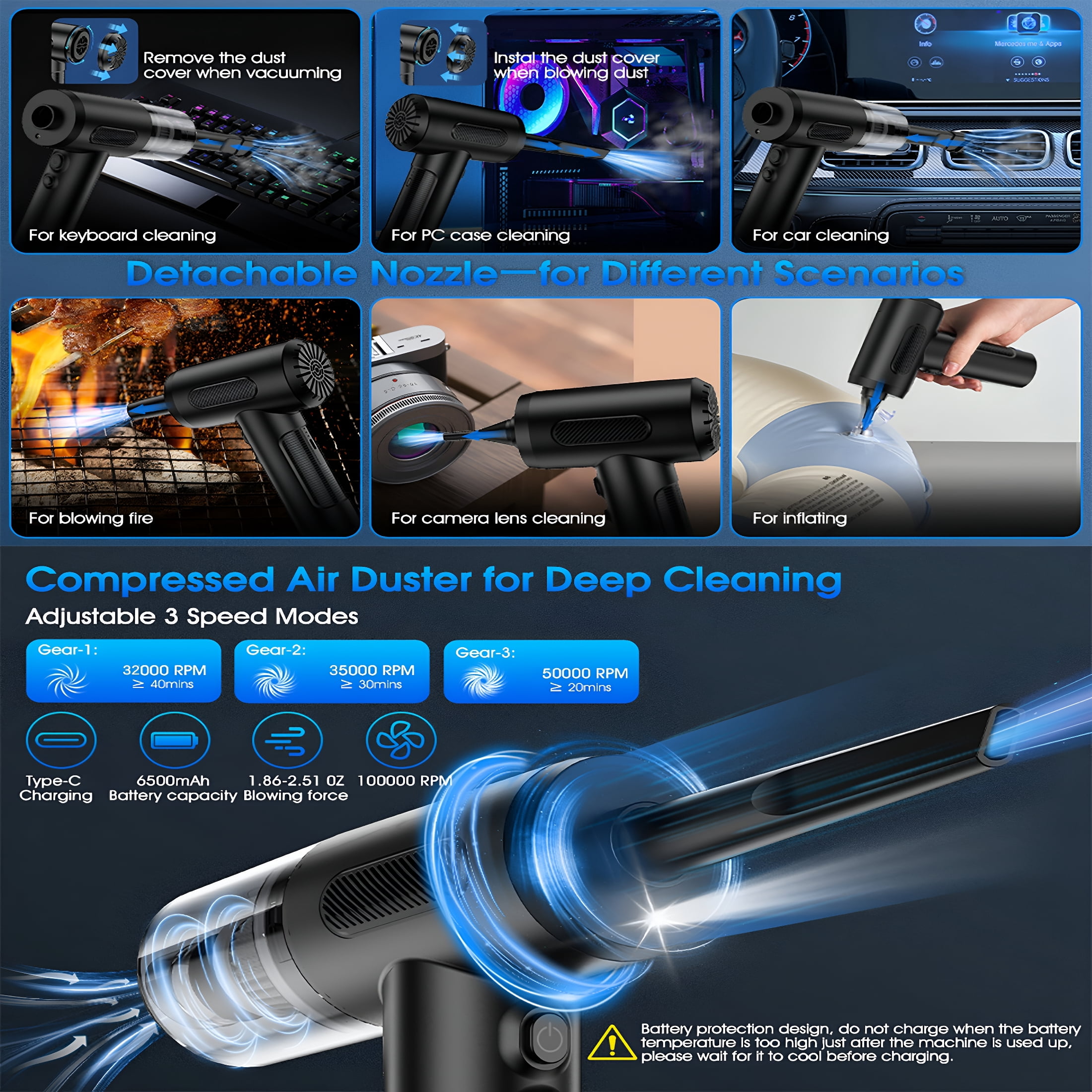 CURYMAY Electric Air Duster-Vacuum,50000 Rpm Handheld Car Vacuum/Air Blower&Pump,3 Gear Adjustable Electric Air Duster/Car Vacuum Cleaner,Keyboard Duster with Led Light