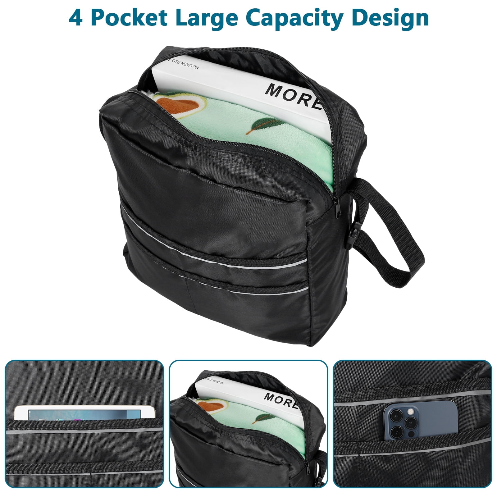 Vensio -Large Capacity Wheelchair Side Bag with Reflective Safety Strip, Waterproof Nylon Armrest Storage Pouch for Walkers and Scooters, Adjustable Mobility Bag Black