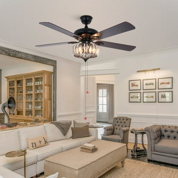 LUOLAX 52" Black Ceiling Fan - Farmhouse Wood Blade Fan & Chandelier, Pull Chain Control, 5 Retro Wooden Blades, Adjustable Downrod (10''/20'') for High Ceilings, Industrial Iron Body"