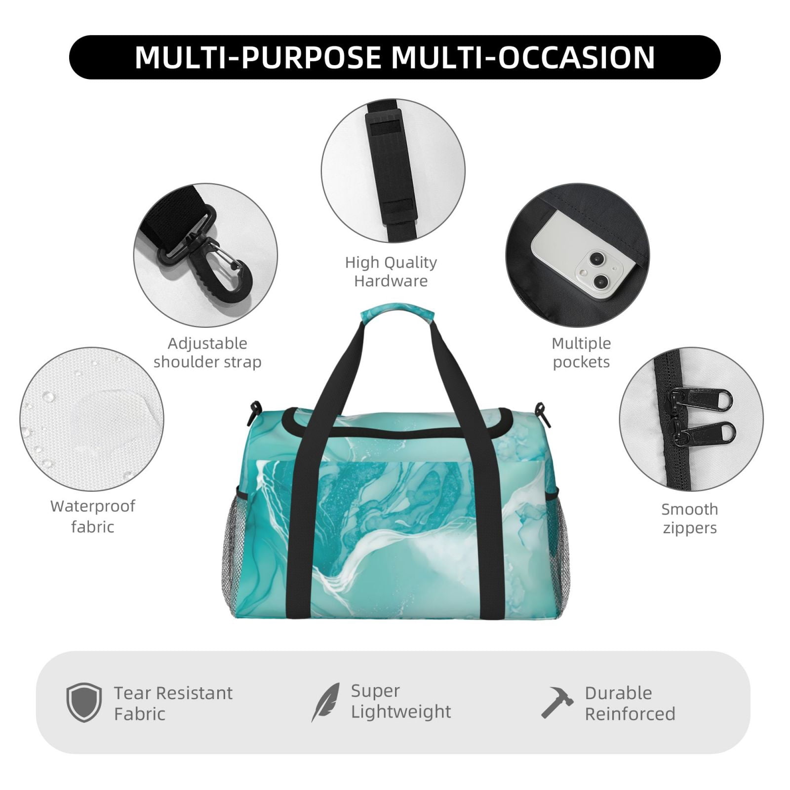Kuqiui Teal Turquoise 1 Print Foldable Travel Duffel Bag Tote Carry on Luggage Bag Personal item Sports Gym Bag Water Resistant Weekender Overnight Bags for Women and Men