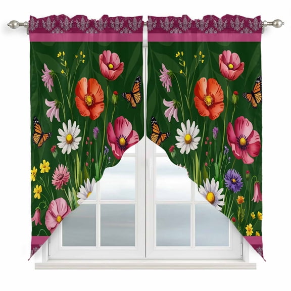 Spring Flowers Swag Valances for Windows, Kitchen Curtains 36 Inch Length 2 Panels Set, Purple Boho Farmhouse Botanical Florals Short Curtains for Small Windows Rod Pocket Cafe Curtains 28"x36"