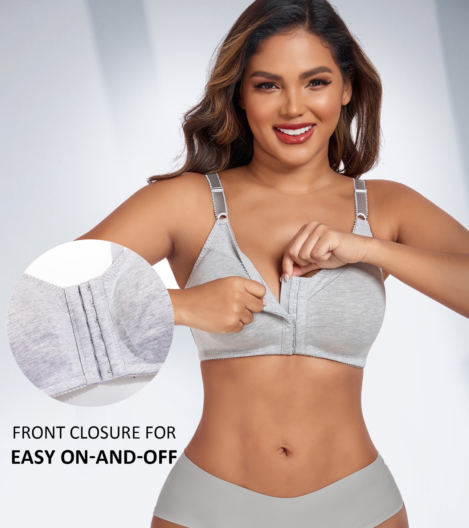 Exerin Women's Front Closure Bras Wireless Comfort Unlined Full Coverage Cotton Bra(38C,Grey)