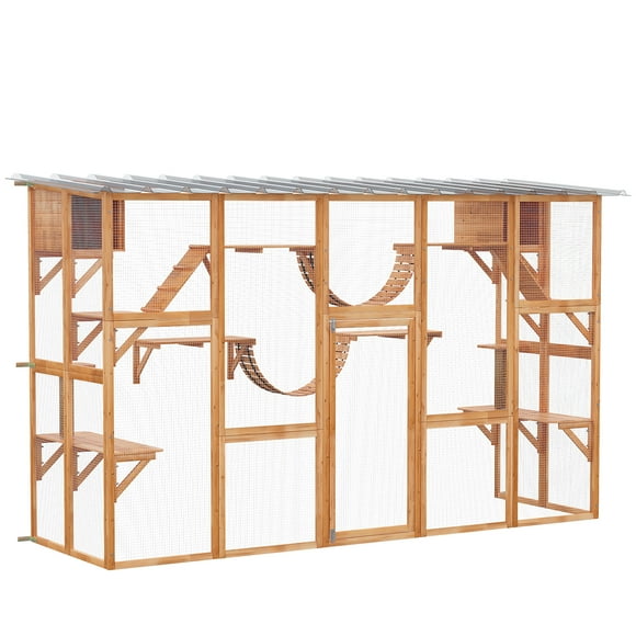 PawHut Large Outdoor Catio with Cat Condos, Platforms, Ladders, Orange