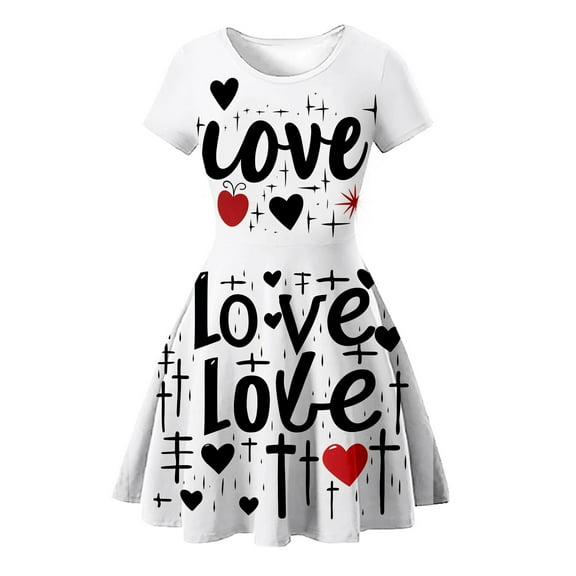 SonxaHe Infant Girl Dress Valentine's Day Short Sleeve Letter Prints Dress Child Dancewear Party Casual Dresses White,Sized 18-24 M