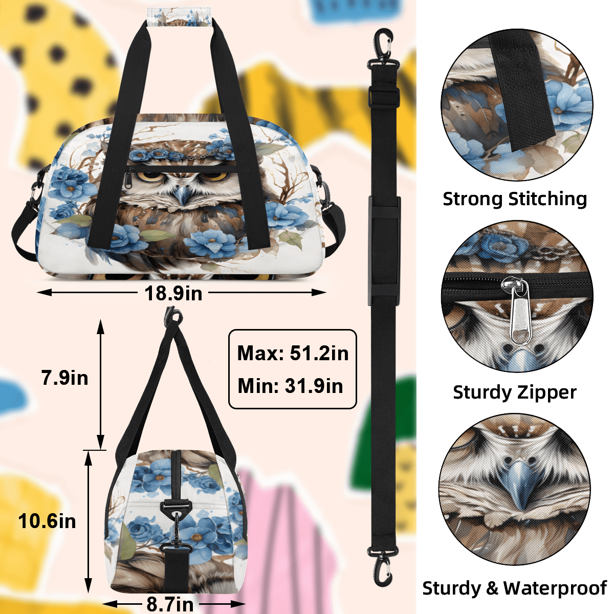 Herdesigns Cartoon Owl Sports Duffle Bag for Women & Men, Flower Owl Gym Bag Dance Bag Overnight Bag Carry On Weekender Travel Bag