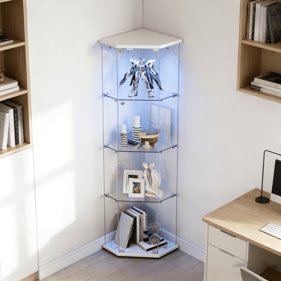 4-Tier Glass Display Cabinet with Glass Doors,Corner Storage Cabinet,Curio Cabinet & Bookshelf, Collection Showcase for Home Office,White