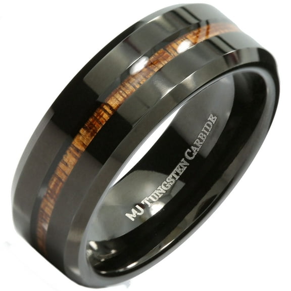 8mm Tungsten Carbide Wedding Band Black Plated Koa Wood Inlay Ring