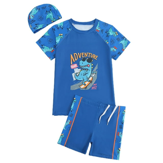 Hiiyo Big Boy's Short Sleeve Graphic Rash Guard Shorts Swimsuit Swimwear, 2-Piece
