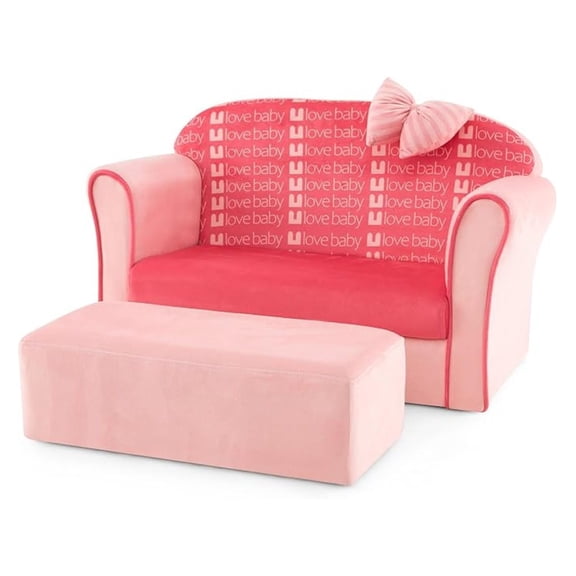 Pink Toddler Couch, Comfy Chair w/Ottoman, Cute Bow, Lightweight Playroom Furniture w/ Cover & Wooden Frame, Style Loveseat for Bedroom, Kids Sofa for Girls Boys