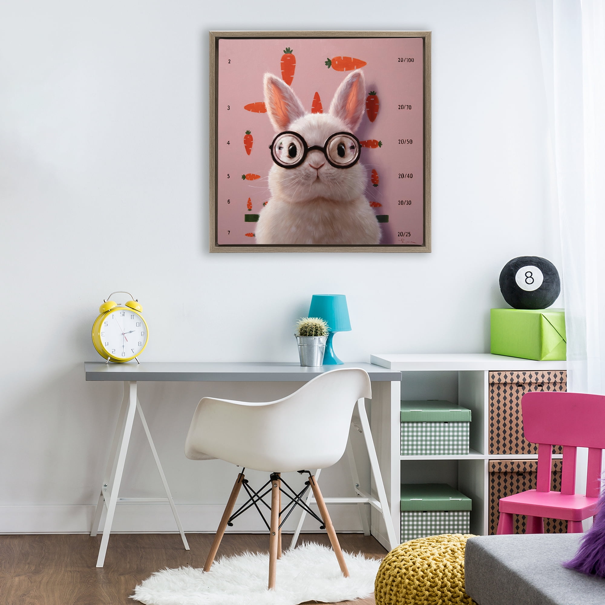 Bunny & Carrots Eye Exam Brown Framed Floater Canvas Wall Art, design by Lucia Heffernan