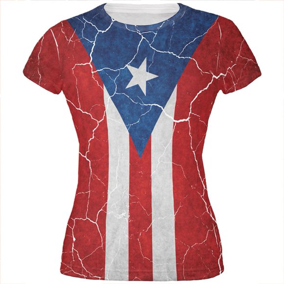 Distressed Puerto Rican Flag All Over Juniors T Shirt