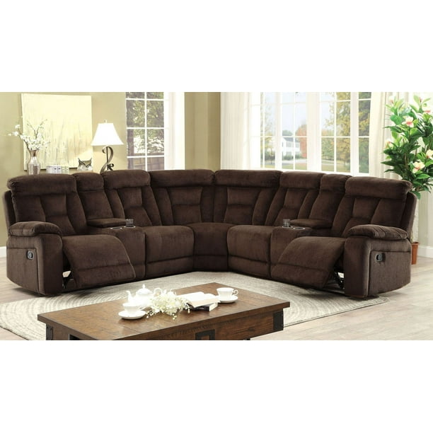 Recliner Sectional Sofa Brown Chenille, Leather And Fabric Sectional Couch