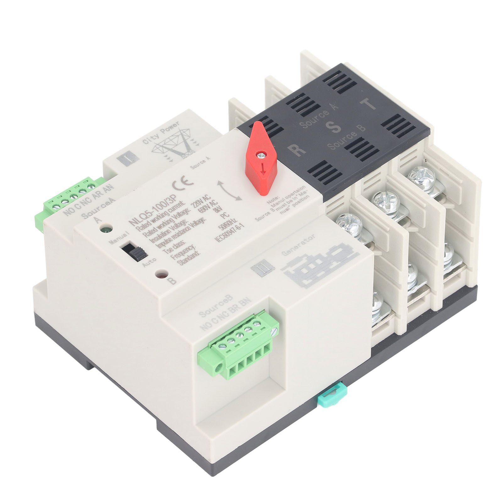 Transfer Switch, Dual Power Automatic Transfer Switch 3P Millisecond Fast Switching Timing Controller AC220V Rail Type ATS Mains to Motor (63A)