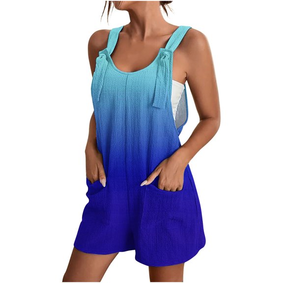 SZJXBUY Plus Size Rompers for Women Casual Tie Knot Front Jumpsuit Sleeveless Loose Jumpsuit Shorts Gradient Floral Print Comfy Summer Overalls with Pockets 2024 Sky Blue,XXXXL