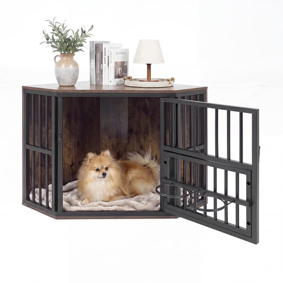Gymax Corner Dog Crate Furniture Wooden Dog Kennel End Table Heavy Duty Pet Crate Brown