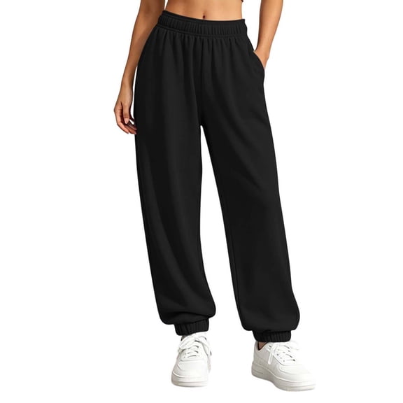 ZHYou No Boundarie Cuffed Leg Sweatpants for Women Stretchy Waist High Rise Pull On Baggy Fit Trousers with Pockets,Black,Size M