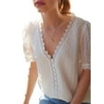 thumbnail image 2 of Qmyliery Women Loose Jacquard T-shirt, Adults Casual Solid Color Short Sleeve V-neck Lace Shirt, 2 of 9