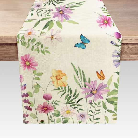 Spring Summer Floral Table Runner, Colorful Flowers and Butterfly Kitchen Dining Table Decoration for Holidays, Linen Flowers Leaves Farmhouse Table Decor Runners13X72 IN