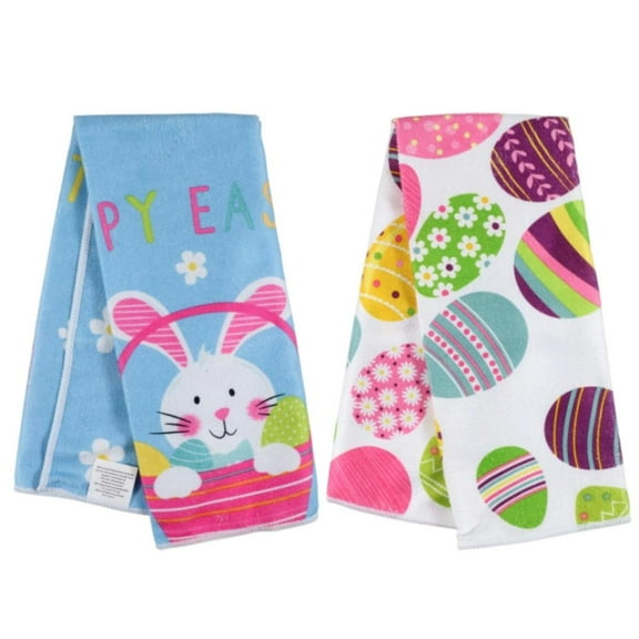 BCL Easter Themed Dish Towel Set of 2 Easter Bunny and Easter Egg Design Easter Spring Decorative Kitchen Dish Towel Perfect for Spring or Easter Accents