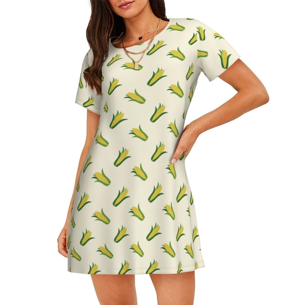 Fotbe Corn Bata de Dormir para Mujer con Estampado, Camisón de Algodón de Manga Corta, Ropa de Dormir Casual