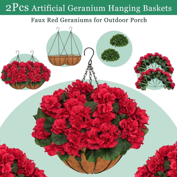 2 Sets of Outdoor Artificial Geranium Flowers with Hanging Baskets, 12Pcs of Red Geranium Fake Flowers, Christmas Front Porch Garden Terrace Home Decoration (2, Red)