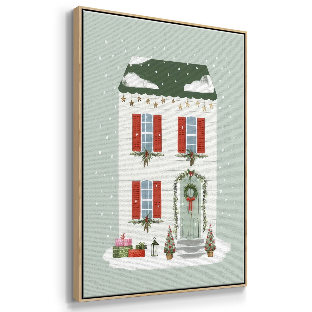 Festive Front Door IV - Framed Gallery Wrapped Holiday Canvas - 27 x 41 - Natural Wood Frame