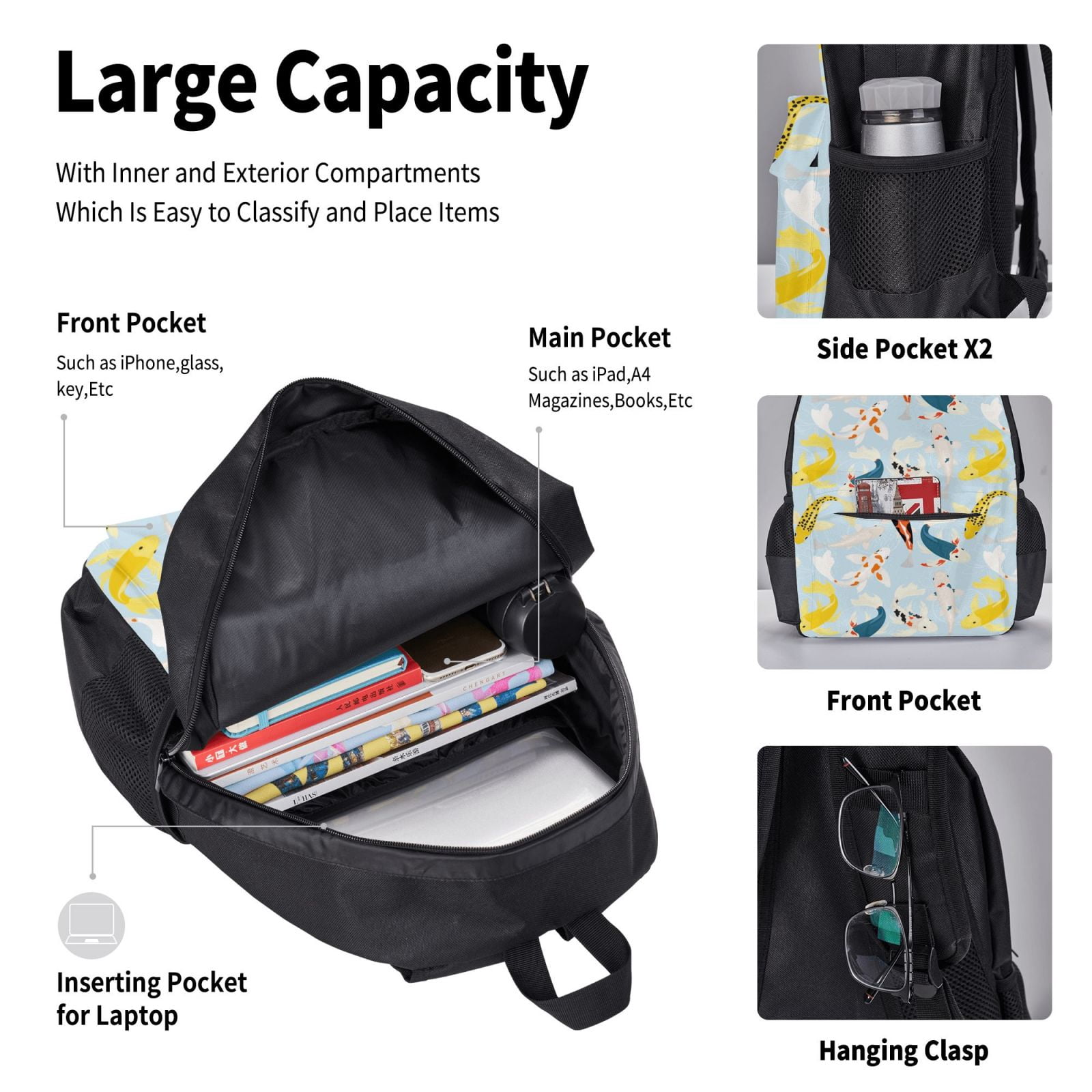 Naloa Japanese Carps Print Large Capacity Backpack Lunch Bag Pencil Case Combination 3 Piece Set for Student