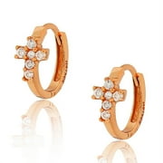 925 Sterling Silver Rose Gold-Tone White Round CZ Religious Latin Cross Hoop Huggie Earrings