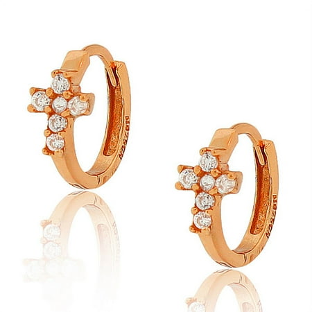 925 Sterling Silver Rose Gold-Tone White Round CZ Religious Latin Cross Hoop Huggie Earrings