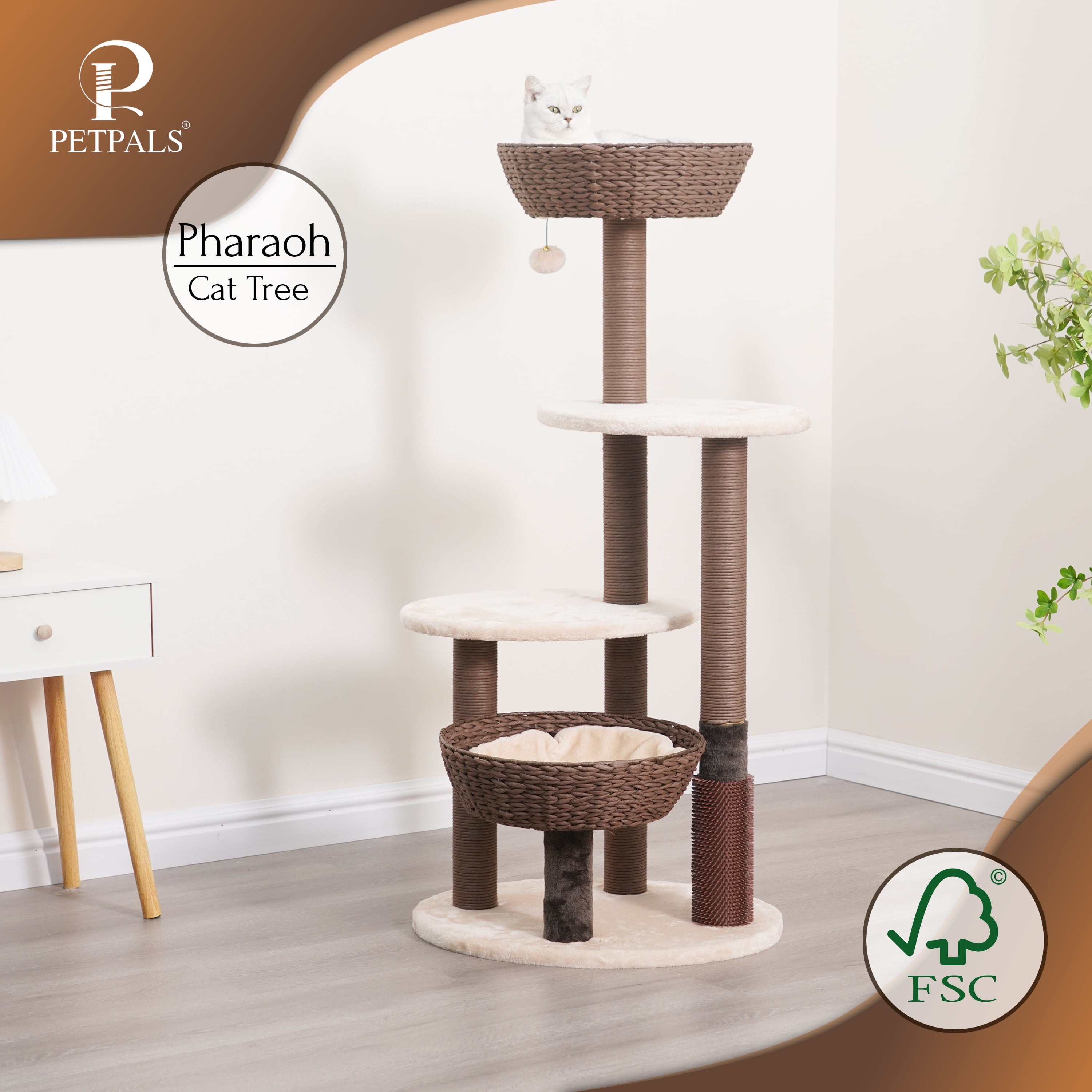 PetPals® 48"High 5-Lvl Large Cat Tree with Perches, Scratching Posts, Basket beds & Groomer, Beige