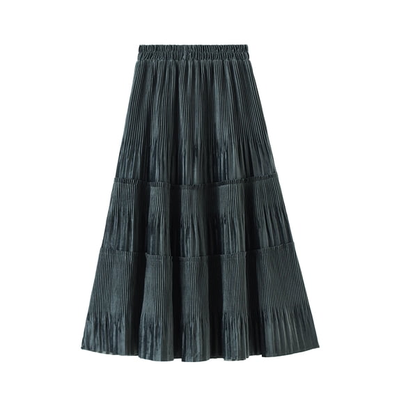Franhais Women Midi A-line Pleated Skirt, Elastic Waist Solid Color Ruffled Hem Skirt for Ladies