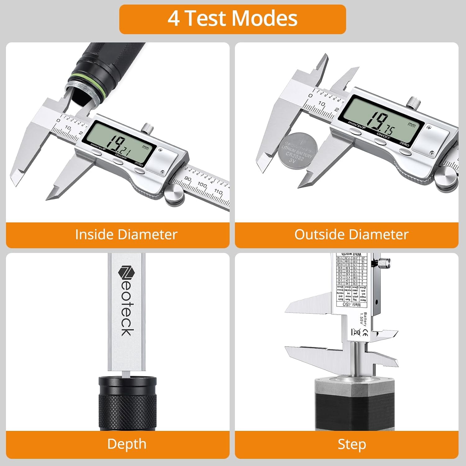 Neoteck 6" Digital Caliper, Stainless Steel, LCD Display, Fraction/Inch/MM Conversion, for Inside/Outside Diameter, Depth, Step Measurement
