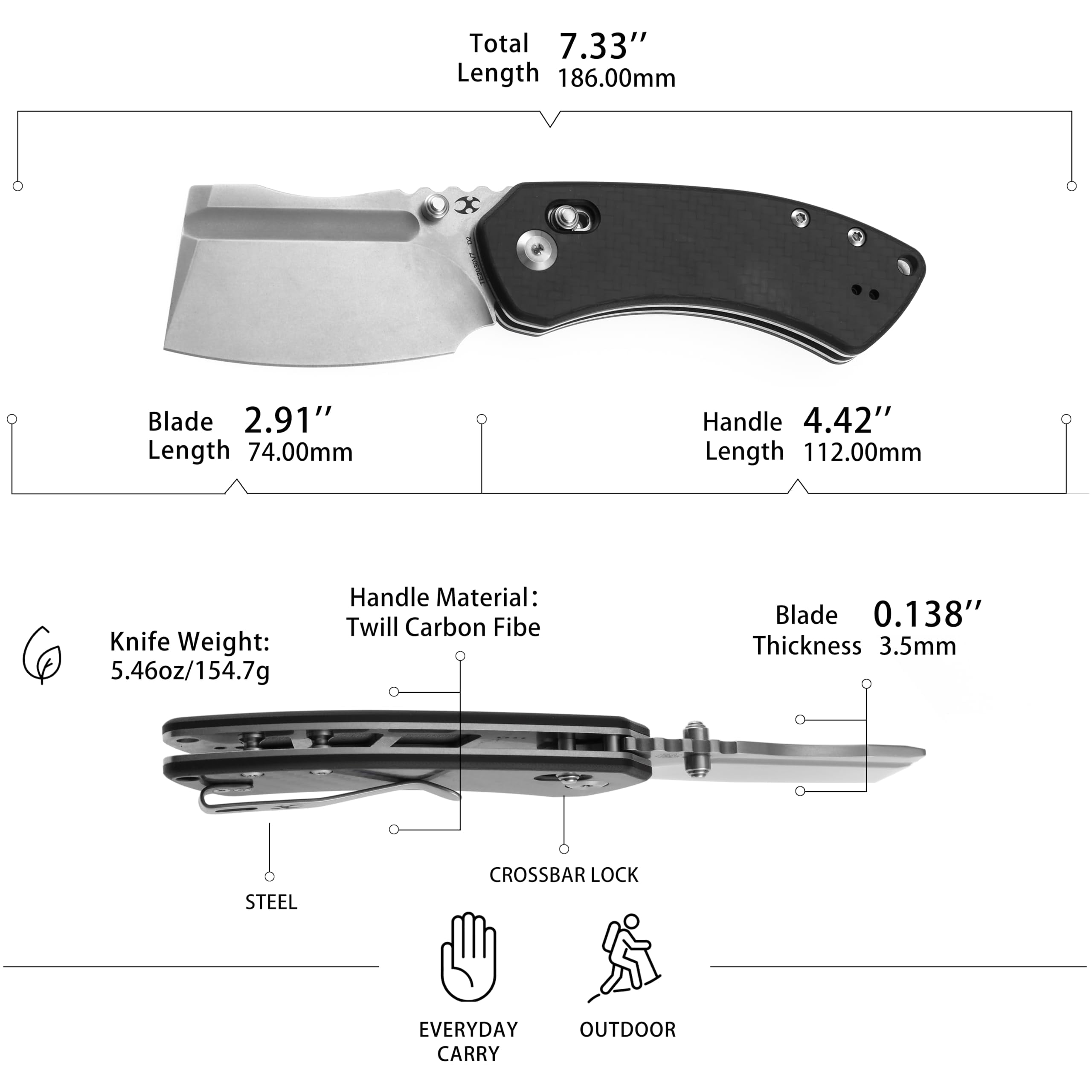 Kansept Korvid V Folding Pocket Knife 2.91" Stonewashed D2 Blade,Twill Carbon Fiber & G10,TE2030V7