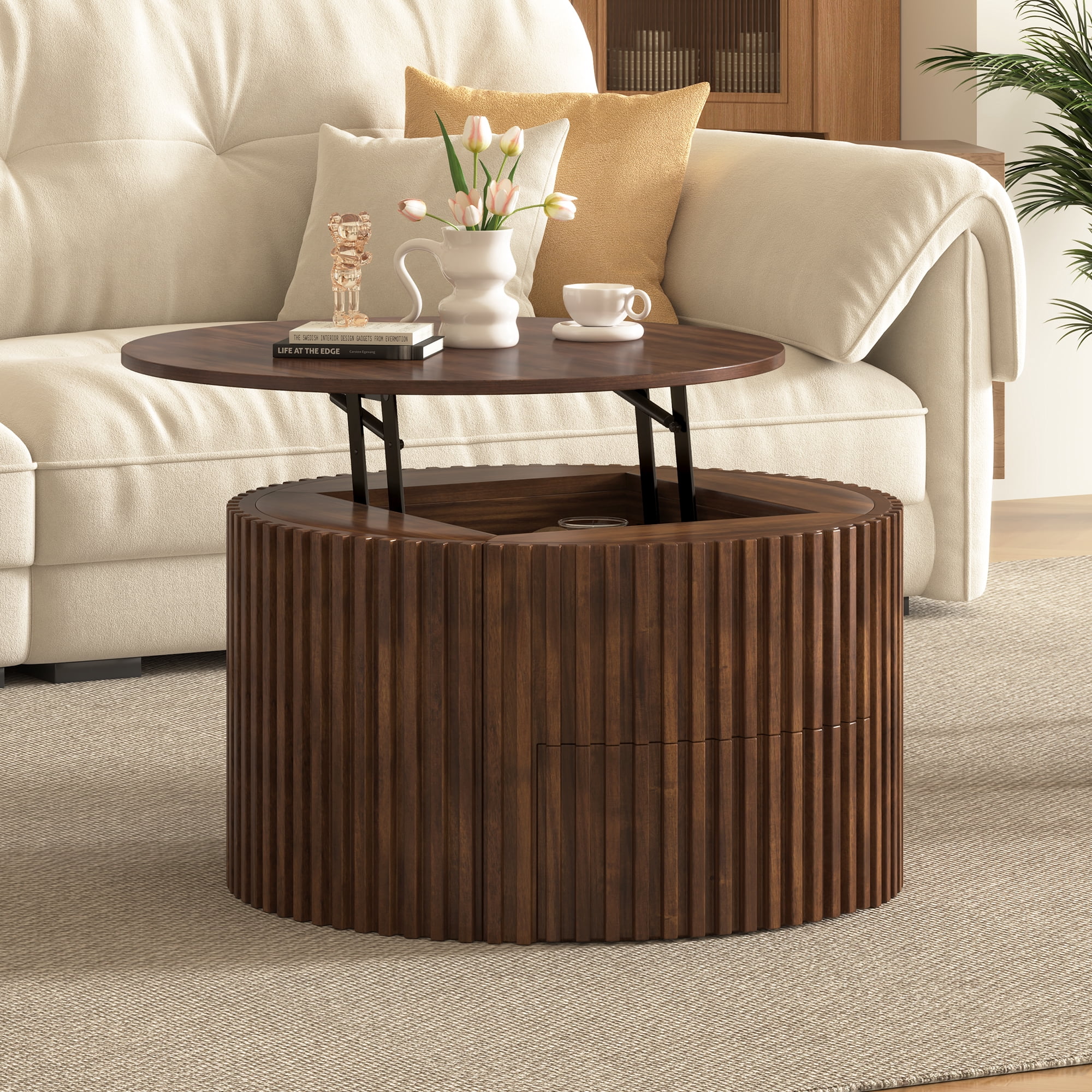 Mintazer Farmhouse Round Lift Top Coffee Table, Modern Fluted Accent Coffee Table with Drawer & Hidden Storage for Living Room, Dark Brown