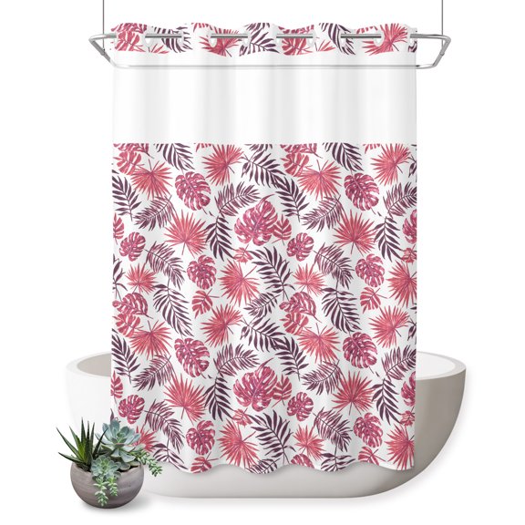 No Hook Shower Curtain, Tropical Shower Curtains for Bathroom with See Through Top Window, Summer Botanical Monstera Leaves Palm Bohemia Waterproof & Washable Bath Curtain Extra Long 72"x84"