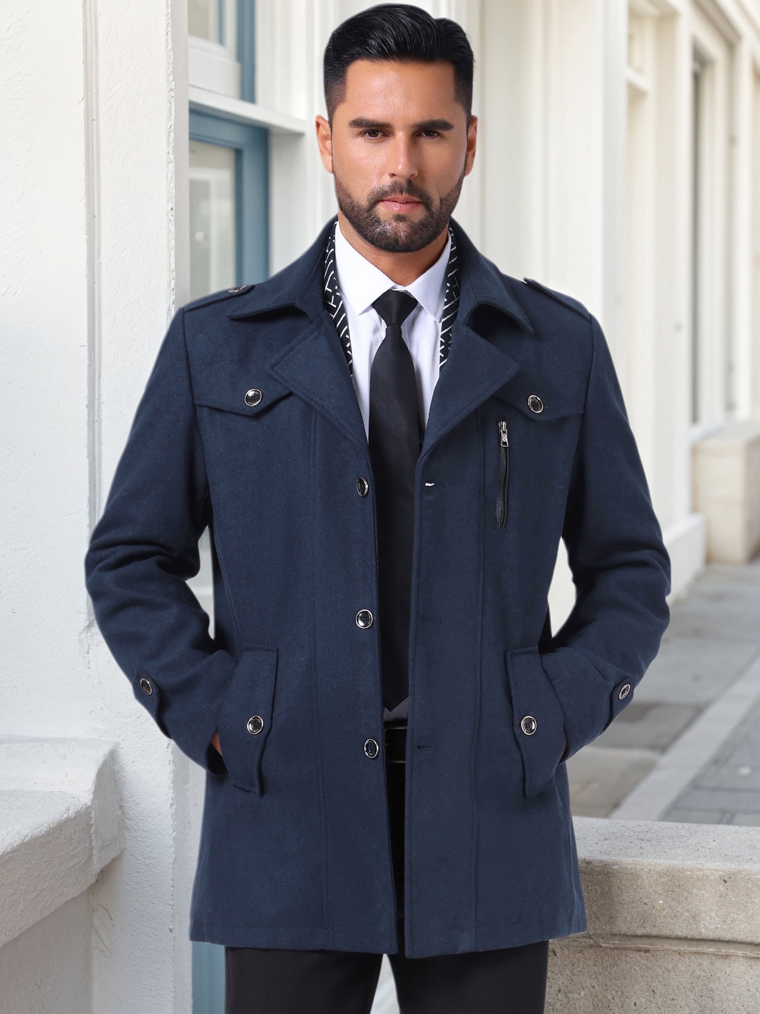 DARING DIVA Men's Mid-Length Overcoat Zipper Single Breasted Winter Coat S Dark Blue