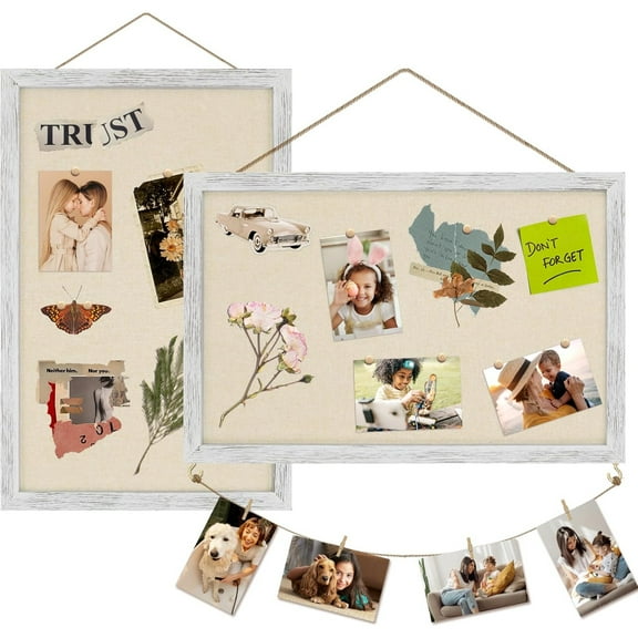 Cork Board Bulletin Board with Linen, 16x11 Wood Frame Pin Board, 2 Pack Cork Boards for Walls, Vision Board Hanging horizontal or Vertically for Office Home Decor School Kitchen, Rustic White