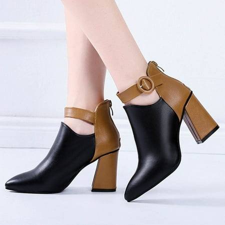 

Hvyes Boots Deals Women Shoes High Heel Casual Retro Splicing Pointed Belt Buckle Block Heel Ankle Boots Teen Girls Shoes Vintage Stitching Booties