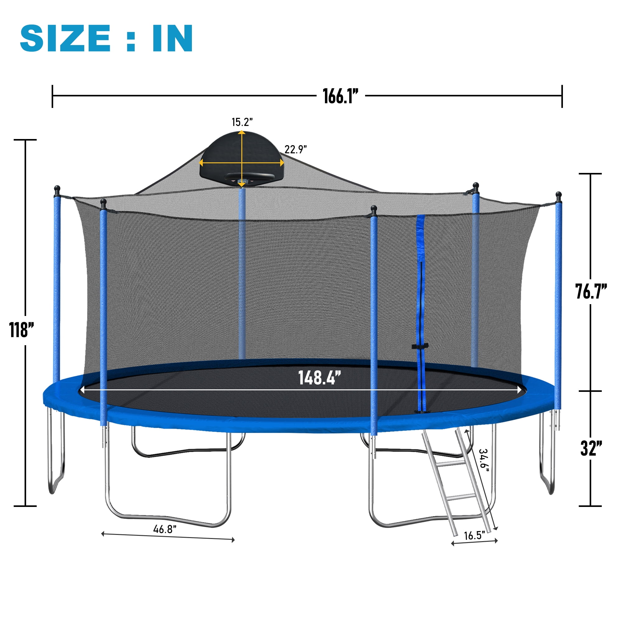 Aukfa 14FT Trampoline with Enclosure Net for Kids Adults, Outdoor Trampoline with Basketball Hoop for Backyard, Blue