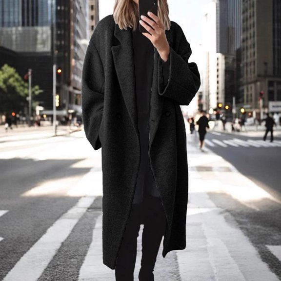 BUYISI Womens New Autumn winter Woolen coat Fashion Versatile Long trench coat Black S