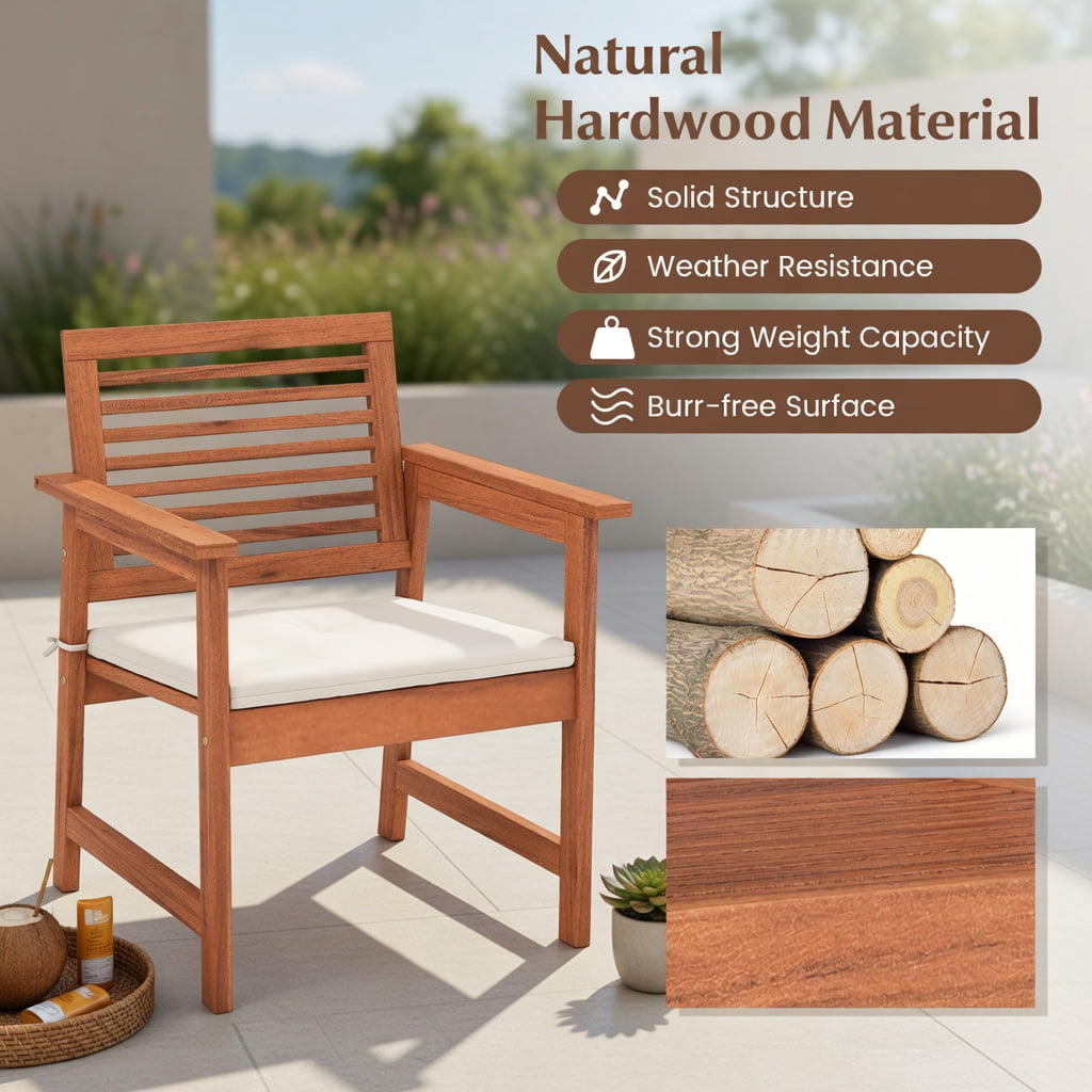 Hommoo 2-Pack Solid Wood Patio Dining Chairs with Off-White Cushions, Breathable Slatted Seat, Ergonomic Design for Backyard, Balcony & Poolside, Natural
