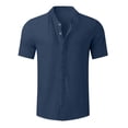 thumbnail image 3 of OGLCCG Mens Short Sleeve Button Up Shirts Summer Cotton Linen Beach Tops Casual Stand Collar Plain T Shirts,XL,Navy, 3 of 4