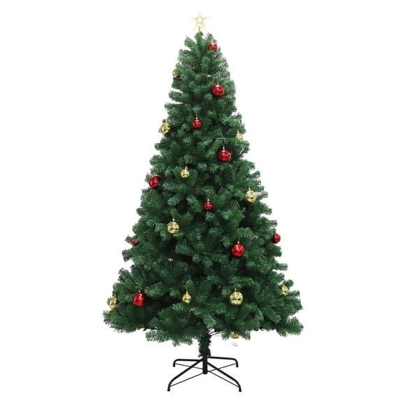 7 FT Pre-lit Christmas Tree with 1200 Branch Tips, Artificial Christmas Tree with 250 Lights, Ball Ornaments and Top Star, Xmas Decoration for Home, Office, Party, Holiday,