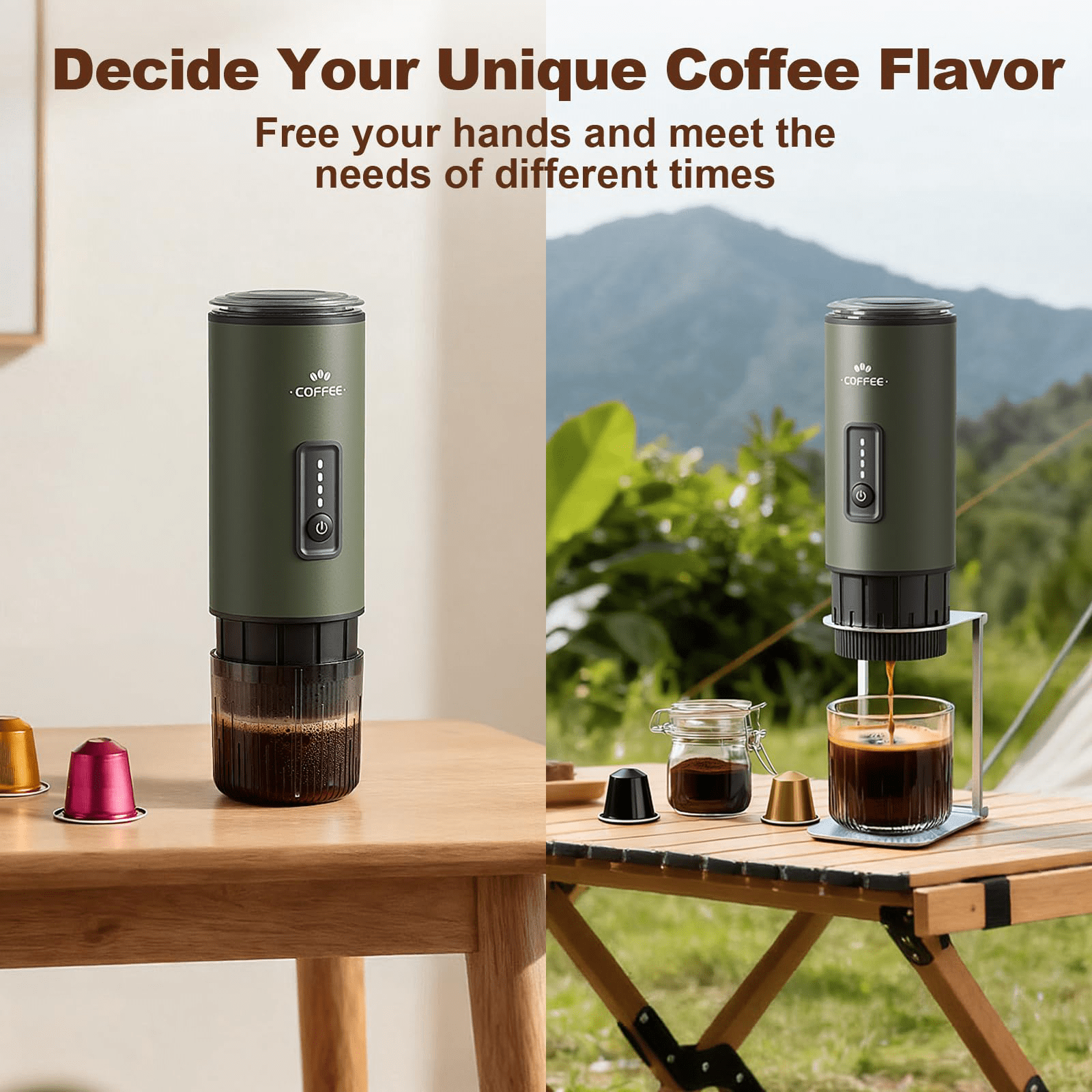 GVODE Portable Espresso Machine, Self-Heating 3-in-1 Portable Coffee Maker, 20 Bar Electric Travel Espresso Maker for Capsules & Ground Coffee, Green