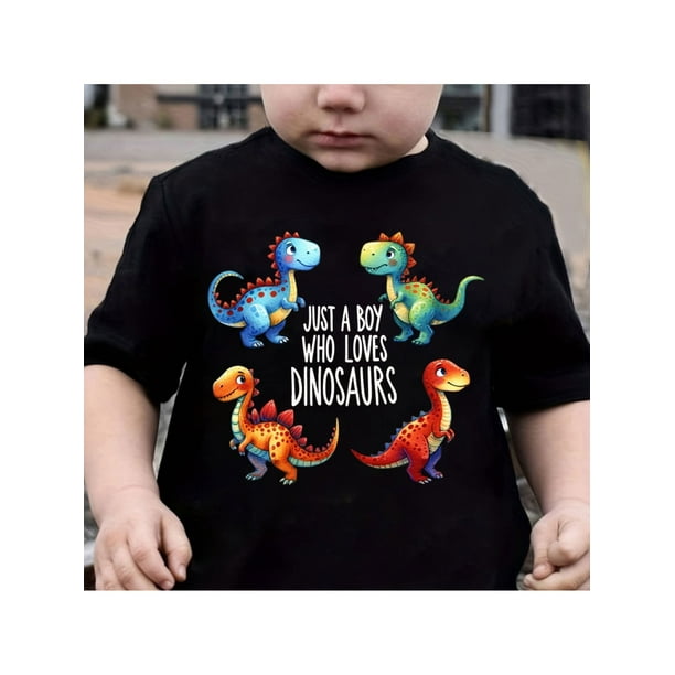 Boys' Dinosaur Graphic T-Shirt - 'Just a Boy Who Loves Dinosaurs' Fun Cartoon Print, Casual Summer Tee, Machine Washable, Black with Colorful Dinosaur Design