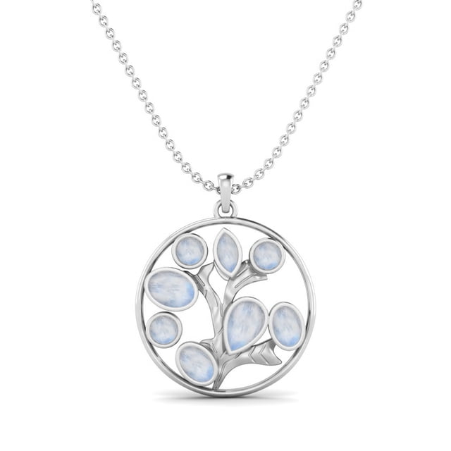 4.05 Cts Forme Ronde Pierre de Lune Vie Arbre Femmes Pendentif Collier Délicate Chaîne 925 Argent Sterling