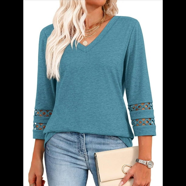 Blusas Elegantes e Informales de 3/4 para Mujer, Camisetas de Cuello en V A , Ropa de Verano 2025. Azul Mar XL